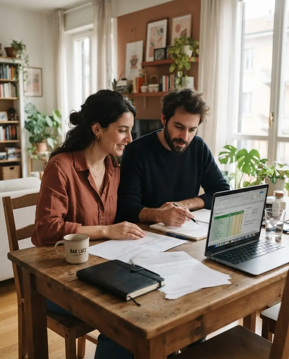Coppia che lavora sulla propria compravendita a casa con documenti e laptop